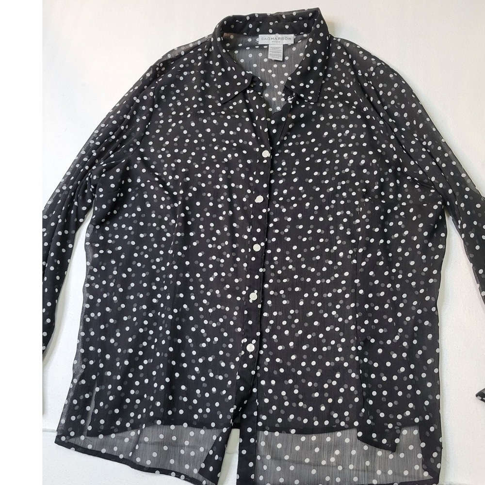 Sag Harbor Woman Black White Polka Dot Chiffon Blouse Bell Cuff 1X 2701